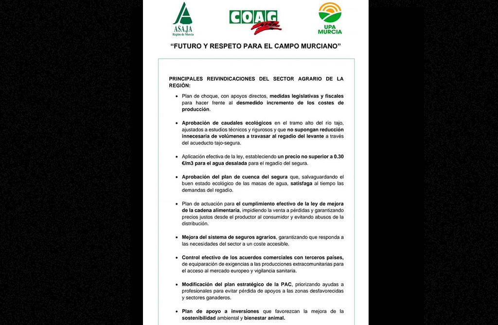 El campo se moviliza el 16 de febrero para exigir “futuro y respeto para el campo murciano”