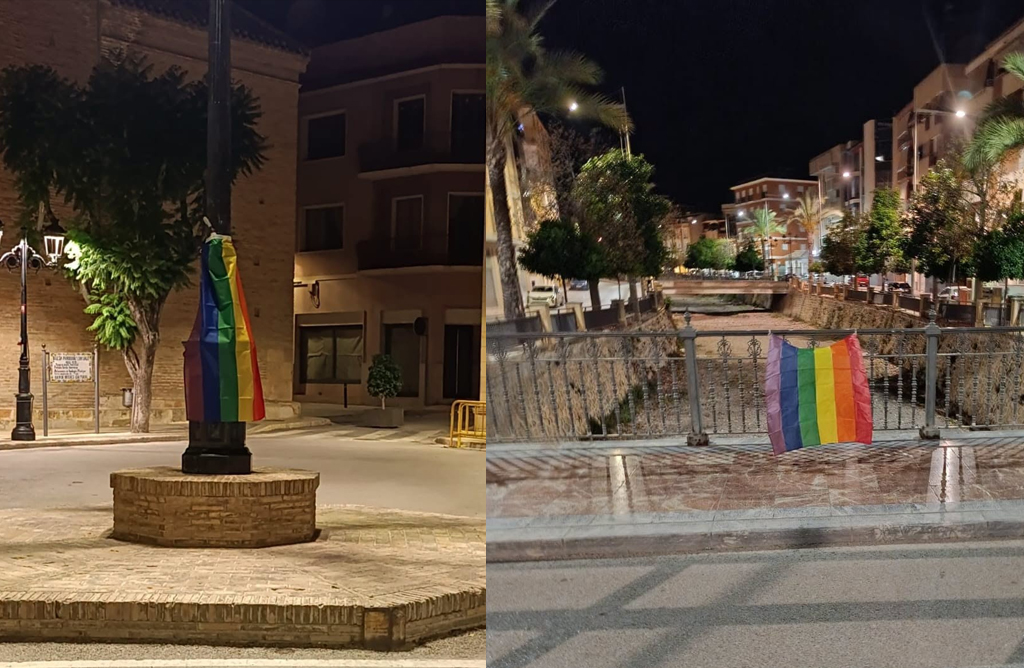 Varios puntos emblem�ticos de Totana se llenaron de banderas LGTBI durante la madrugada